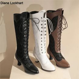 Laarzen Dames Victoriaanse Puntschoen Halfhoge Laarzen Leer Kant Uitgehold Punk Lace Up Strange Steampunk Hoge Hak Schoenen Plus Size32-43 231117