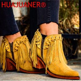 Bottes femmes chaussures de marche frange Western chaussons femme daim talon bas bout rond gland dames cheville fermeture éclair Botas Mujer 230829