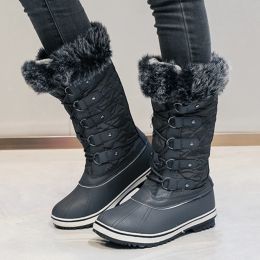 Laarzen vrouwen warme sneeuwlaarzen vat omhoog middencalf laarzen Koreaanse stijl ronde hoofd groot formaat comfortabele schoenen botte plaatvorme femme