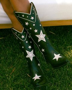 Laarzen dames western laarzen geborduurde mode dikke hiel schoenen vrouw ster ontwerp slip op cowboy cowgirl laarzen zwart merk 230404