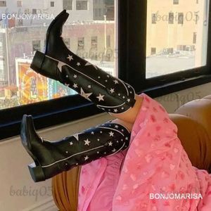 Bottes Femmes bottes occidentales brodées mode chaussures à talons épais femme 2022 nouvelle conception d'étoile sans lacet Cowboy Cowgirl bottes noir marque T231117