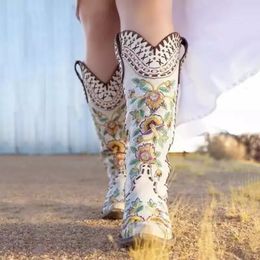 Boots Women Western Boots Fashion White Chunky Heels Pointed Toe Embroidered Slip On Cowgirl Boots Knee High Boots Lady Shoes 230816