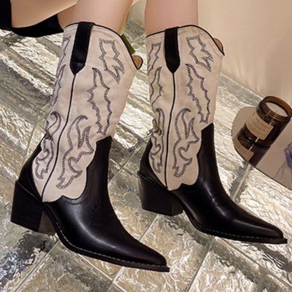 Botas Mujer Western Cowboy Boots Bordado Pointes Toe Antideslizante Cuero Tacones altos Chunky Heel Senderismo Zapatos Botas Plataforma Mujer 230728