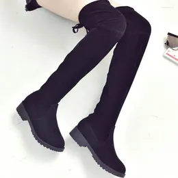 Boots Femmes Hiver Black Over the Knee 2024 Comfort Lace Up Up Chunky High Heels Chaussures Fashion Warm Suede Round Toe