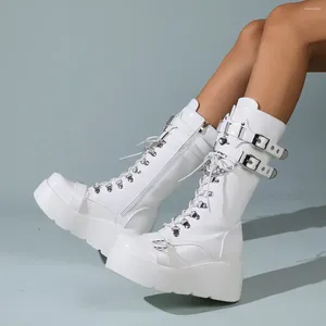 Laarzen Vrouwen Winter Gothic Mid Calf Schoenen Merk Dames Dikke Hoge Hakken Punk Straat Platform Voor Vrouw