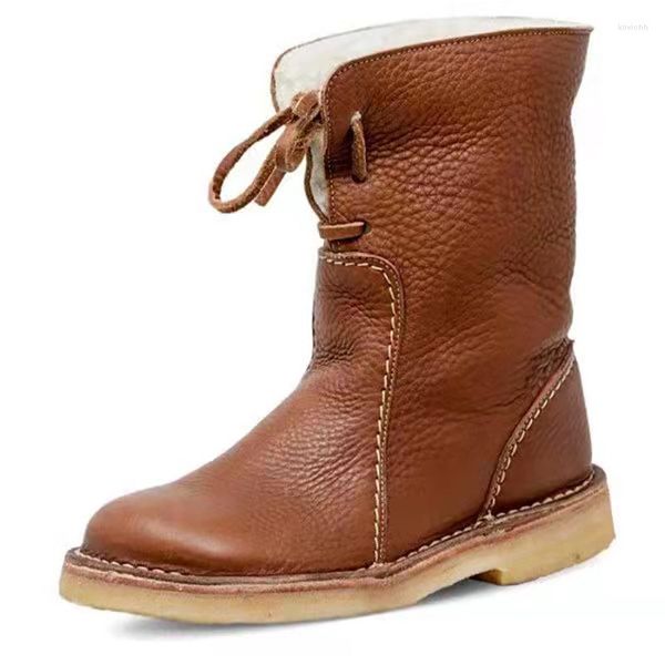 Botas de cuero de invierno para mujer, zapatos planos para caminar con punta redonda y felpa para nieve, calzado para exteriores para mujer, venta al por mayor