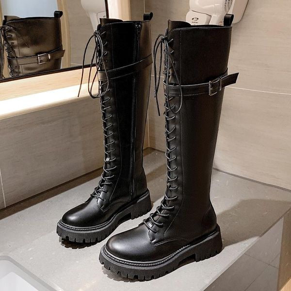 Botas Mujeres Invierno acolchadas durante 2021 La motocicleta retro de tacón largo de rodilla Knight Knea