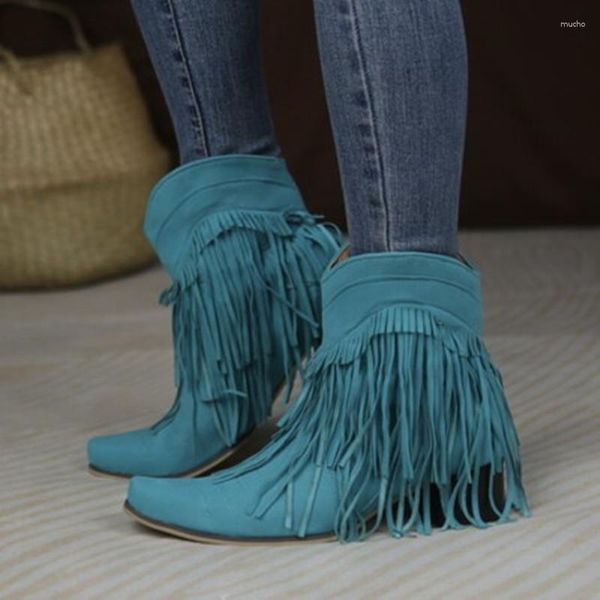 Botas de invierno para mujer, Zapatos con flecos y punta cuadrada, aterciopelados, anchos y cálidos, cuñas 46-34, tacones de 4cm, Botas cómodas azules y amarillas