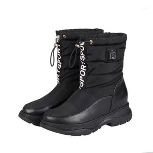 Botas para mujer Tobillo Zapatos con calefacción USB Calentador de pies Abajo Puffer Grueso Cálido Invierno Tacón grueso Impermeable Esquí Zapatos de nieve