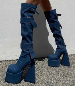 Laarzen dames denim jeans buckle platform over de kniebuien super hoge hakken luxe lange dames nieuwe 2022 schoenen 220901