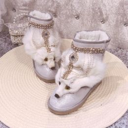 Bottes Femmes Véritable cuir Real Rox Fur Rimestones Crystal Boots Chaussures de neige hivernale chaude DIY BIDE GABILLES 2023