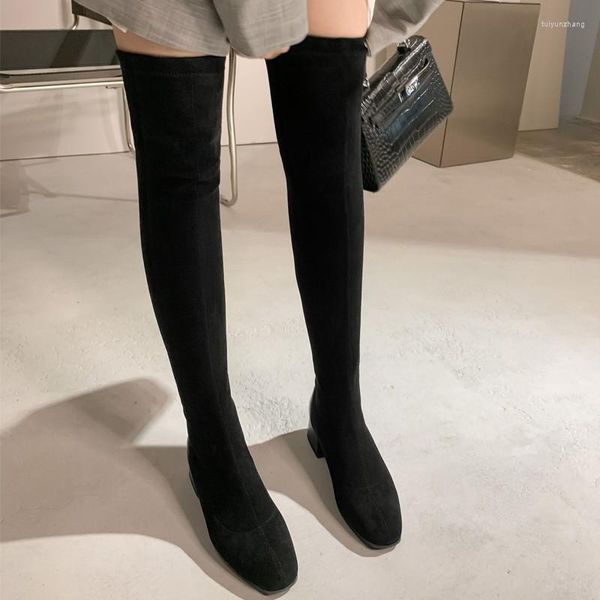 Botas para mujer sobre la rodilla hasta el muslo 2023 zapatos de invierno para mujer gamuza tacones medios calcetines elásticos talla larga 42 43