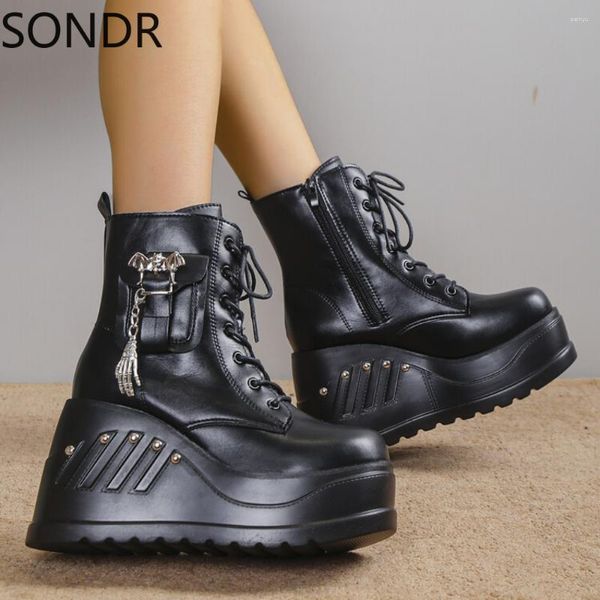 Botas para mujer Plataforma Calavera Araña Cadena de metal Decoración Tobillo Remache Cuña Tacón alto Cordones Zapatos punk Motocicleta Chicas oscuras