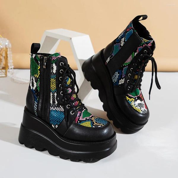 Bottes Femmes Plate-forme Motif Serpent Cheville Wedge Talon Haut À Lacets Rétro Punk Chaussures 2024