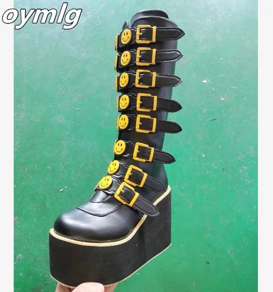 Botas para mujer Cara de sonrisas amarillas Boots Plataforma de correa de las cuñas Tacón de invierno Punk zapatillas creciente Fiesta de cosplay Nuevo