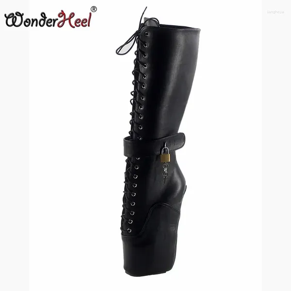 Boots Wonderheel Ballet Knee High 18cm cales talons en cuir mat en cuir lacet up sexy fétiche verrouillable