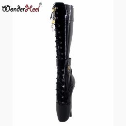 Botas Wonderheel Ultra High Heel 18 cm Stiletto Heel Black Lockable Lockable Knee Alta Ballet Botas Mujeres FETICH Mujeres sexy