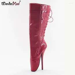 Botas Wonderheel Ultra High Heel 7 "Spike Patente roja Mujeres Ballet de rodilla sexy en zapatos de espalda