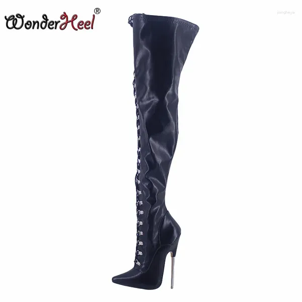 Boots WonderHeel Ultra High Heel App App.18cm Stiletto pointu Point Toe Matte Lee Front Laçage Sexy Nightclub sur le genou