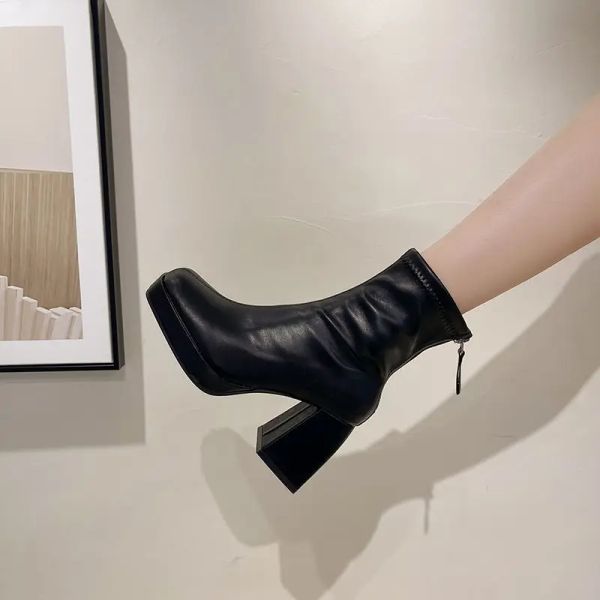 Botas Funcione Booties Negro Tacones muy altos zapatos cortos de tacón blanco para la plataforma Calzado de la plataforma Botas para mujeres Venta de cuero