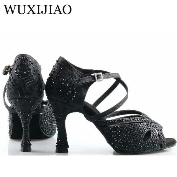 Boots wuxijiao femmes salsa fête des chaussures de salon de bal des chaussures de danse latin grande petite stratone brillant bronze peau noir satin cuba talon 9cm