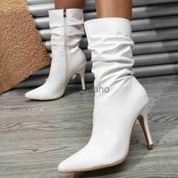 Bottes Xibeilove 2023 hiver mode femmes bottes pointues plissées fermeture éclair blanc cheville mince talon haut bottes courtes grande taille chaussures J230818