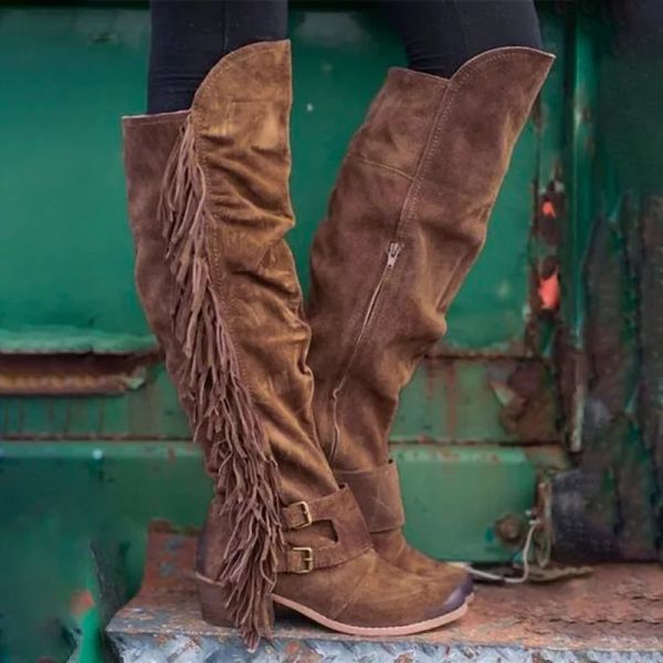 Botas XPay Fashion Boho Knee High Boot Ettnic Women Tassel Fringe Fane Faux Leed de cuero Boots Boots Mujer Girl Flat Boots 3543