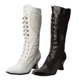 Botas XPay Botas de tacón alto Mujeres Fashion Lace zapatos de punta puntiaguda de punta de mediana