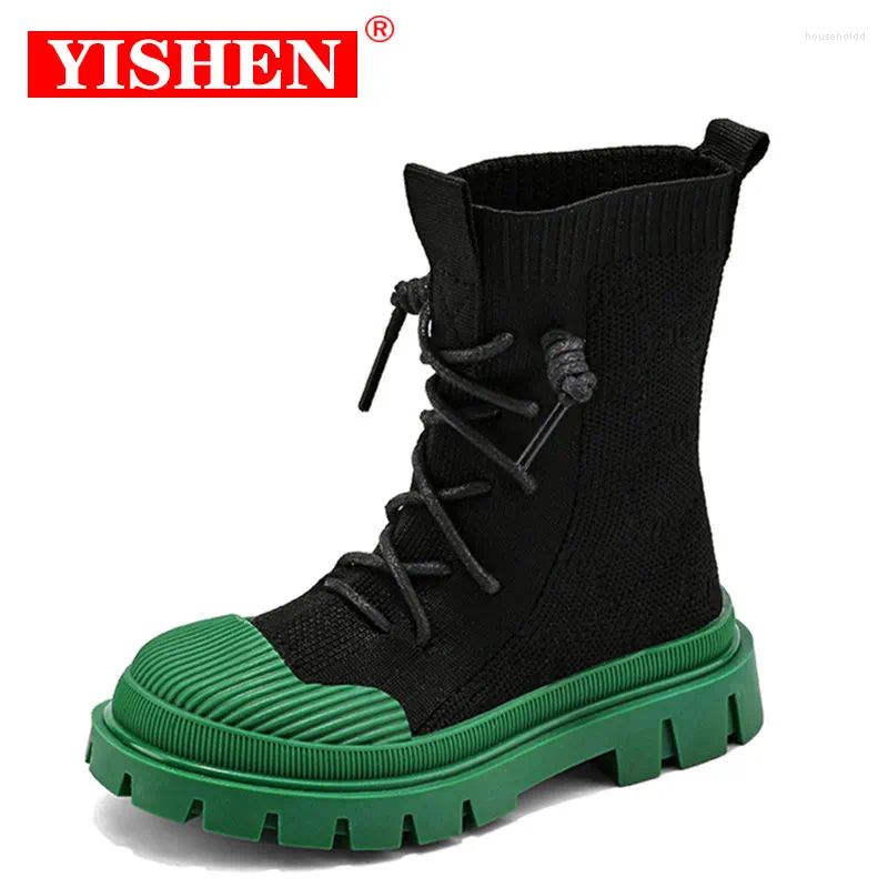 Stiefel YISHEN Mädchen Socken Schuhe Schnüren Kinder Atmungsaktive Elastische Fliegen Stricken Chunky Mode Für Kinder