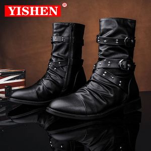 Botas yishen para hombre retro tachonado remache hebilla cremallera occidental motocicleta combate bota heavy metal punk rock negro botas de moto 230831