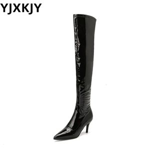 BOTAS YJXKJY Classic Women's Sexy Thin tacón delgado tacones puntiagudos sobre el lado de la rodilla Zipper Lacas elástica 230920