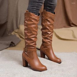 Botas YMECHIC Plus Tamaño 34-46 Tacones altos Mujeres Zapatos negros Hebilla Hebilla Plisada Pu Cuero Bloque Tacón Montar largo