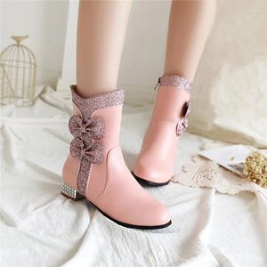 Laarzen ymechic plus size bling glitter bowtie chunky hakken enkel vrouwelijke lolita schoenen herfst 2023 mooie zoete dames