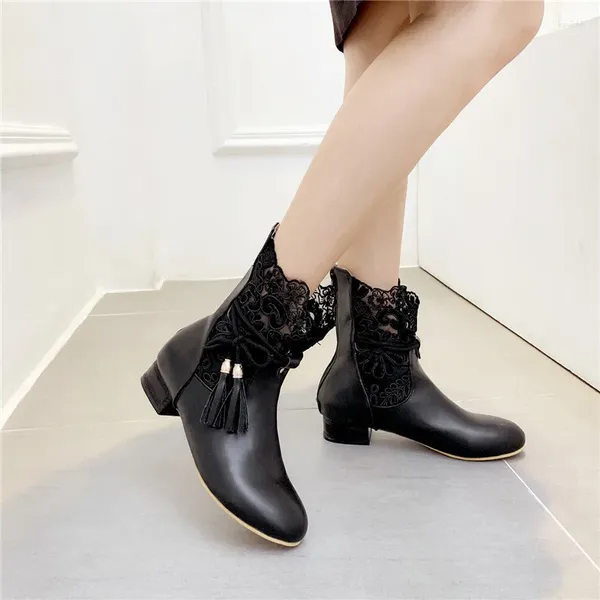 Botas yqbtdl 2024 flecos malla encaje tobillo para damas cuadrado tacón bajo espalda cremallera fiesta moda gril zapatos mujeres gota