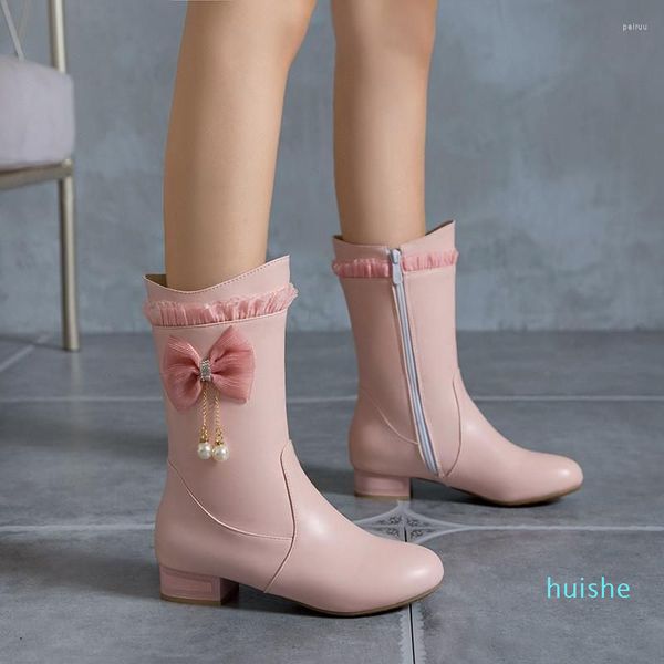 Bottes YQBTDL automne hiver talons bas épais chaussures Lolita mignonnes Cosplay rose blanc nœud papillon dentelle volants mi-mollet femmes 34-43