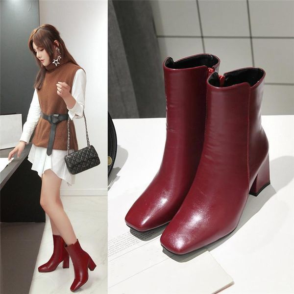 Botas yqbtdl elegante otoño invierno bloque tacones altos para mujer tobillo blanco negro vino rojo cuadrado punta oficina boda zapatos de mujer 43