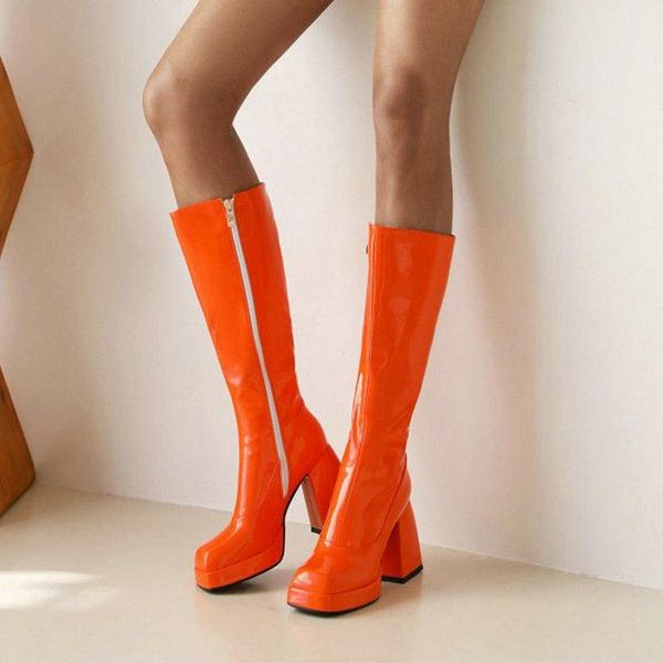 Bottes Zawsthia Pattent Pu en cuir Orange rouge clair Plateforme Vert Sexy Womens Bottillons Chaussures Chunky High Heels Talons à genouillère