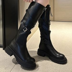 Laarzen Zipper knie High Chelsea High Boots Women Flats schoenen Winter 2024 Nieuw merkplatform Trend Gladiator Boots Punk Motorcycle Botas