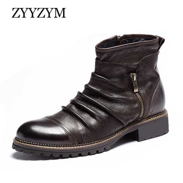 Botas Zyyzym Men Botas Cuero Primavera Autumno Otoño Vintage Alto Tople Botas de tobillo para hombres Botas de gran tamaño Hombre