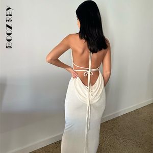 Boozrey Elegant Fashion Halter Sexy Backless Draped Maxi Dress Women Summer Party Lange riemen Shift -jurken Kleding 220521