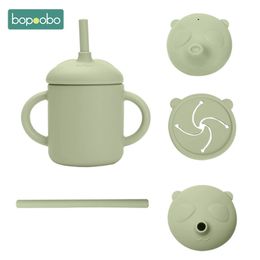 Bopoobo 1 Pc Silicone Paille Mamelon Tasse Snack Panda Dessin Animé BPAFree Vaisselle Étanche Enfant Poignée D'apprentissage 240322