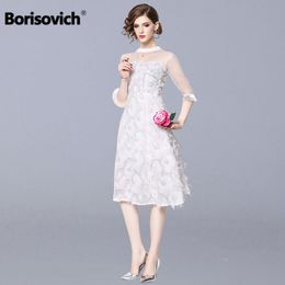 Borisovich señoras elegante vestido de fiesta nueva primavera moda Patchwork malla lujo blanco borla mujeres vestidos casuales N630 210412