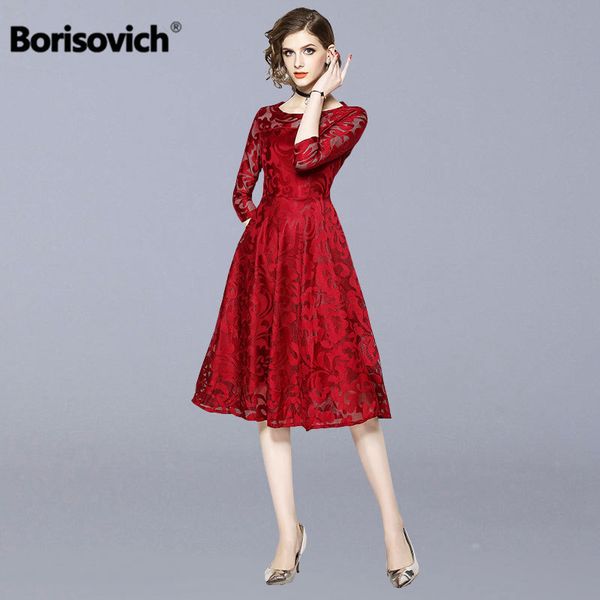 Borisovich Femmes Casual Robe en dentelle Nouvelle mode d'automne Big Swing A-Line Elegant Ladies Party Robes longues Plus Taille N140 210412