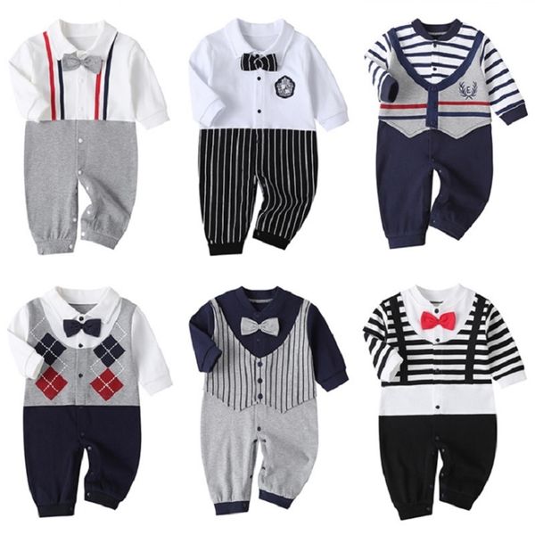 né bébé garçon fille barboteuse automne manches longues noeud papillon style bebe vêtements petit homme doux infantile bébé combinaisons 210816