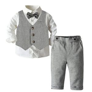 Geboren Baby Jongens Kleding Set Baby Gentleman Outfit Formele Jarretel Overalls Herfst Winter Lange Mouw Peuter Jongen Pak 240328