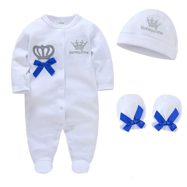 Né Baby Boys Raiper Royal Crown Prince 100% Cotton Vêtements Coton avec des gants de casquette Infant Girl One-Pieces SleepSuit 240417