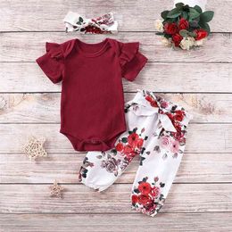 Born Baby Girl Clothes Infant Sets Set Solid Romper + Flower Print Pants + Hairband Set 23 210816