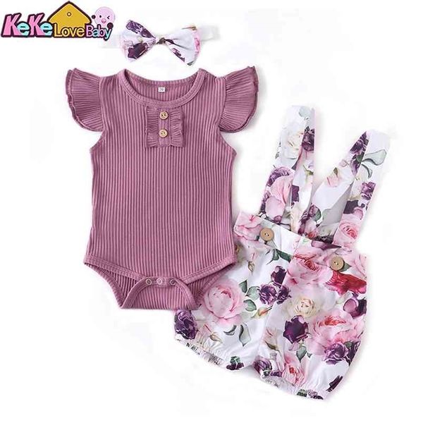 Born Baby Girl Vêtements Été 3pcs Outfit Set Mode Violet Sans manches Rompers Tops Casual Salopette Bandeau Vêtements pour bébés 210816