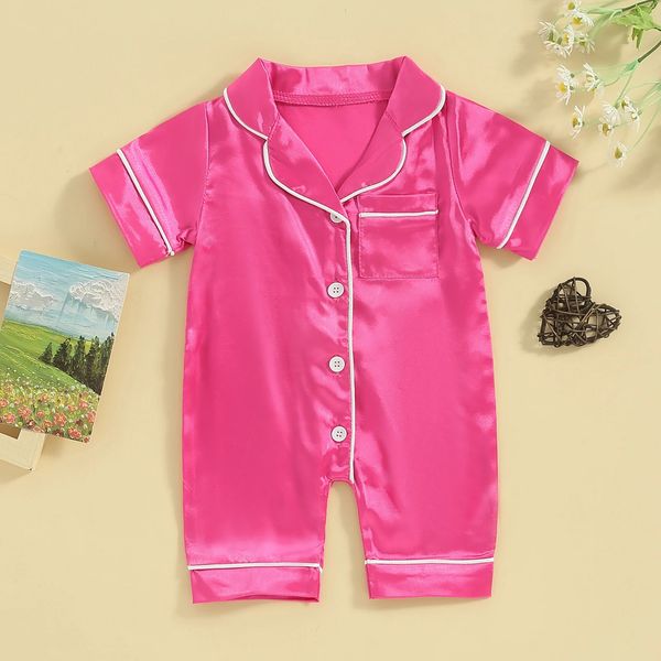 Né Baby Girls Boys Loungewear Sleepwear Kids Summer Jumps Suit Pyjama Sleeve Sleeve Revers Couleur Couleur bouton de nuit Robe 240325