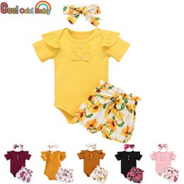 Born Baby Girls Summer Clothes Set Katoen Korte Mouw Romper Floral Shorts Hoofdband 3 Stks voor Born Infant Clothing Outfit 210816